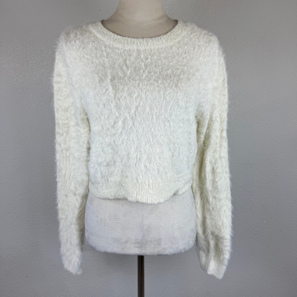 Kendall & Kylie Ivory Fuzzy Knit Crop Luxury Sweater Long Sleeve Womens Sz Sm